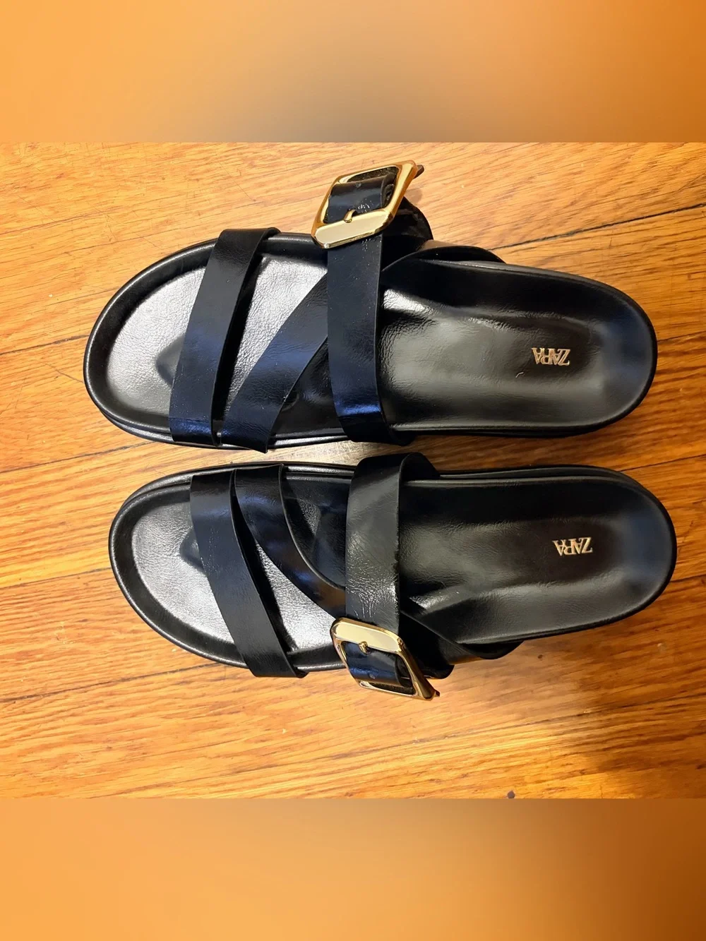 ZARA Black Slide Sandals with Gold Buckles - Picture 2 of 4